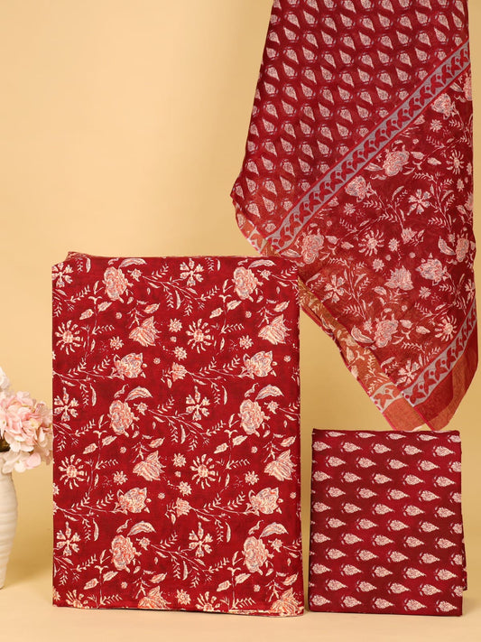 Red Floral Print Unstitched Cotton Suit with Mulmul Dupatta – Radhya
