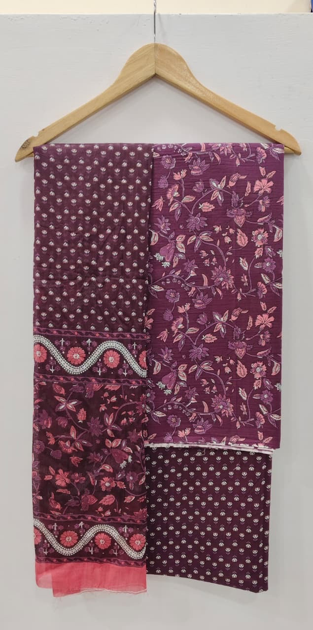 Wine Purple Floral Print with Polka Dupatta Unstitched Cotton Suit with Mulmul Dupatta – Radhya
