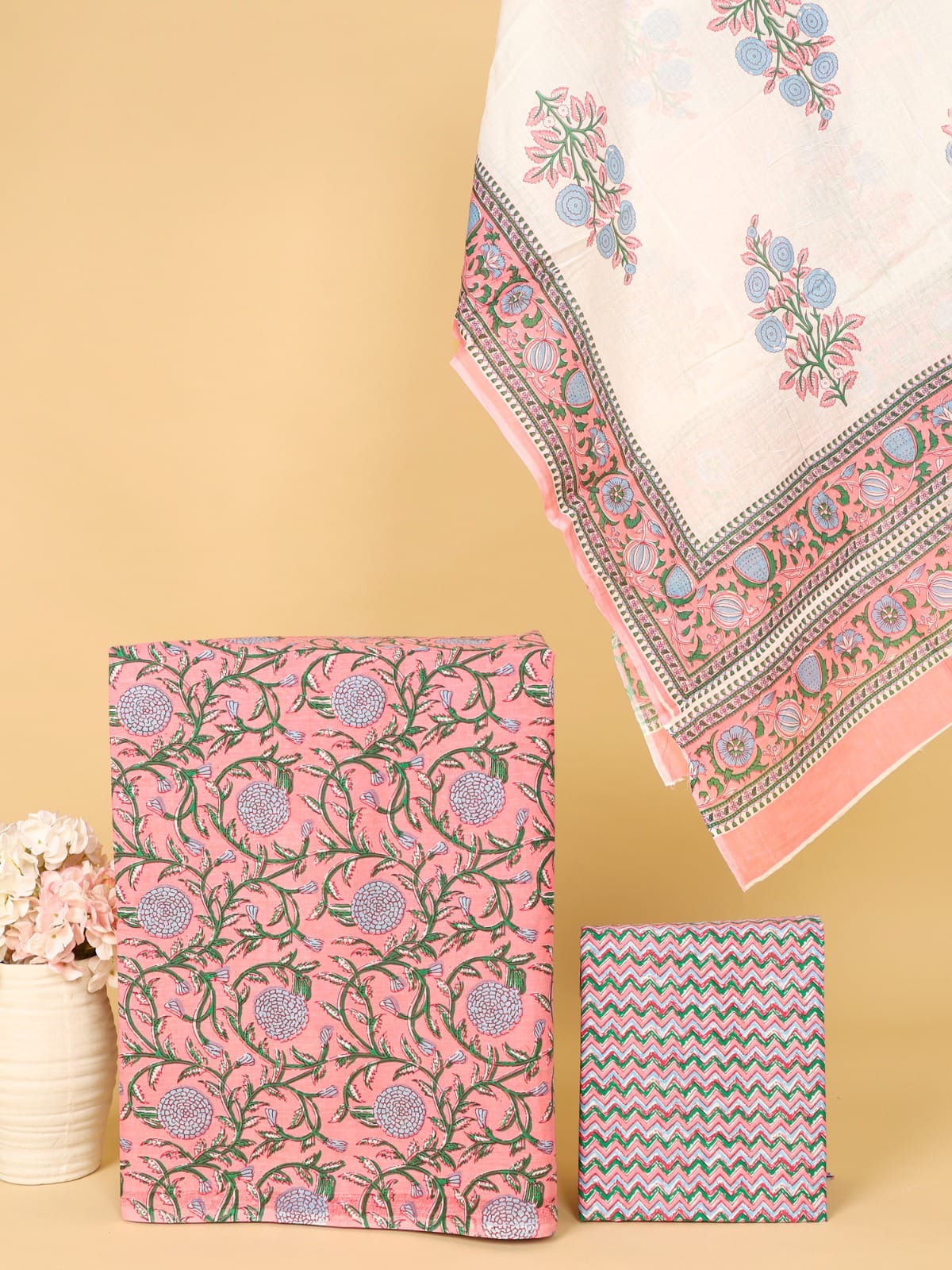 Pink Floral Print with Chevron Bottom Unstitched Cotton Suit with Mulmul Dupatta – Radhya