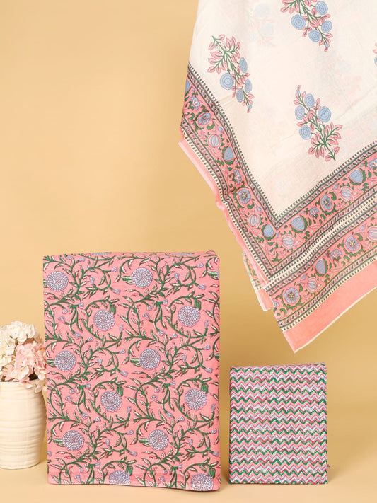 Pink Floral Print with Chevron Bottom Unstitched Cotton Suit with Mulmul Dupatta – Radhya