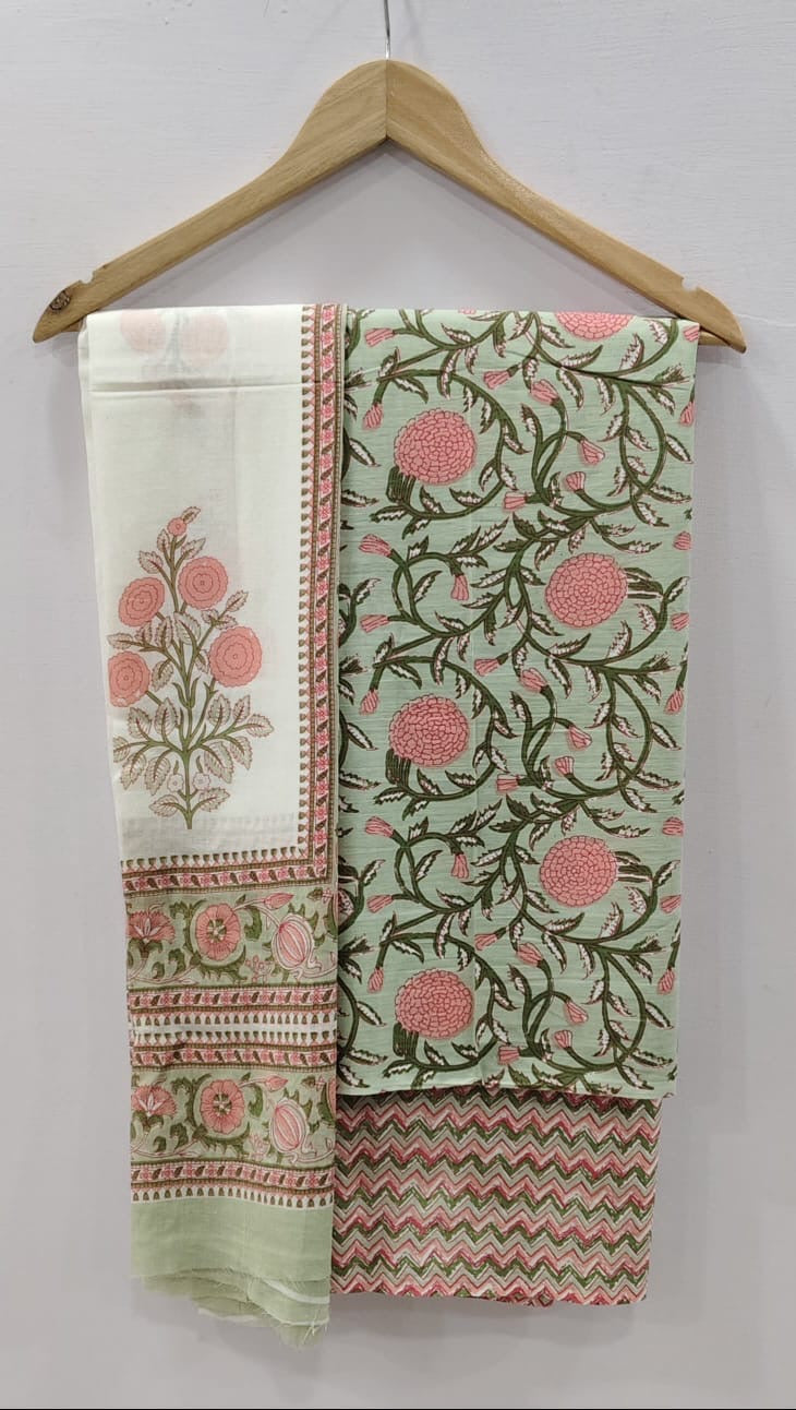 Sage Green Floral Print with Buti Dupatta Unstitched Cotton Suit with Mulmul Dupatta – Radhya