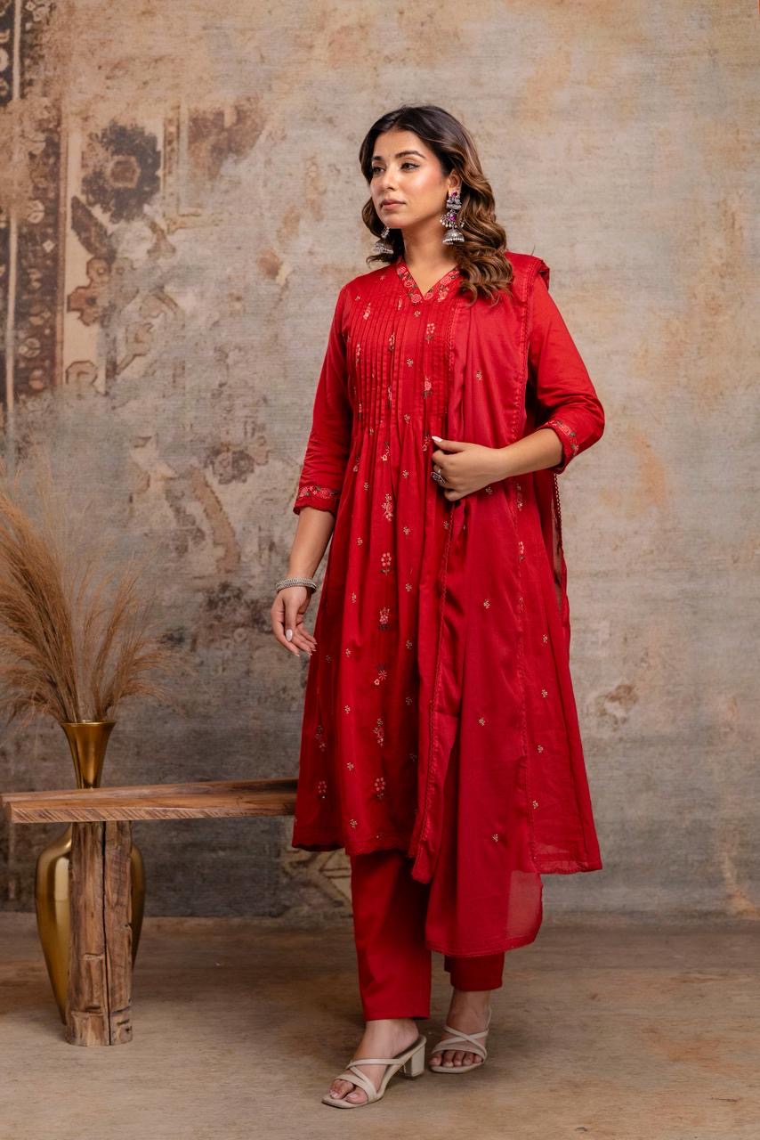 Red Embroidered Mul Cotton Kurta Set with Dupatta