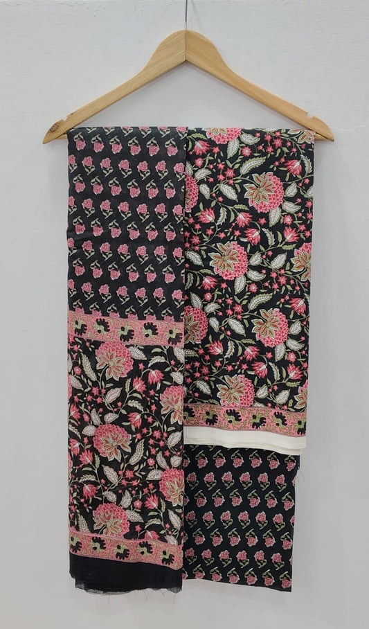 Black & Pink Rose Jaal Buti Print Unstitched Cotton Suit with Mulmul Dupatta – Radhya