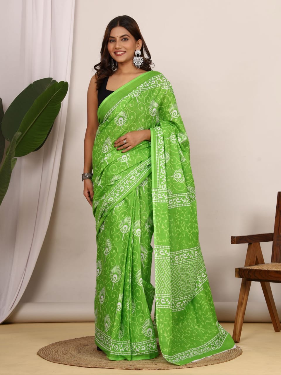 Radhya Collection Green Peacock Jaipuri Print Cotton Saree
