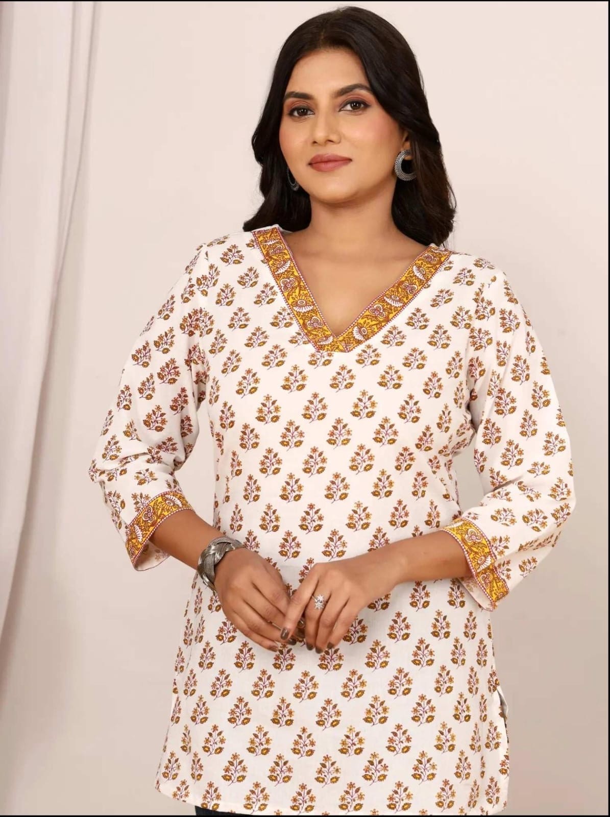 Ivory & Brown Buti Cotton Short Top – Radhya