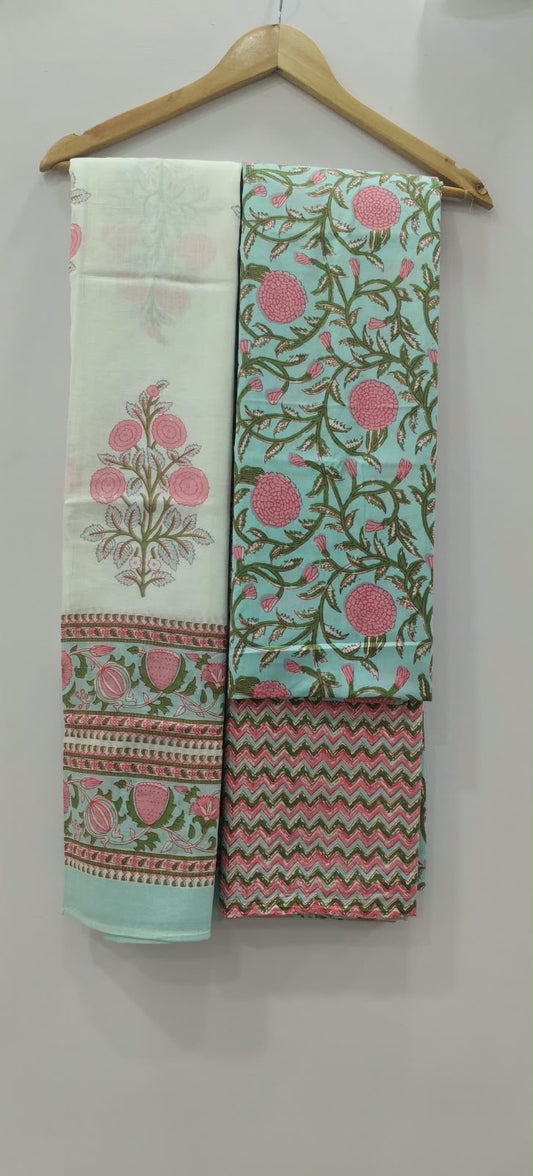 Aqua & Pink Floral Print with Buti Dupatta Unstitched Cotton Suit with Mulmul Dupatta – Radhya