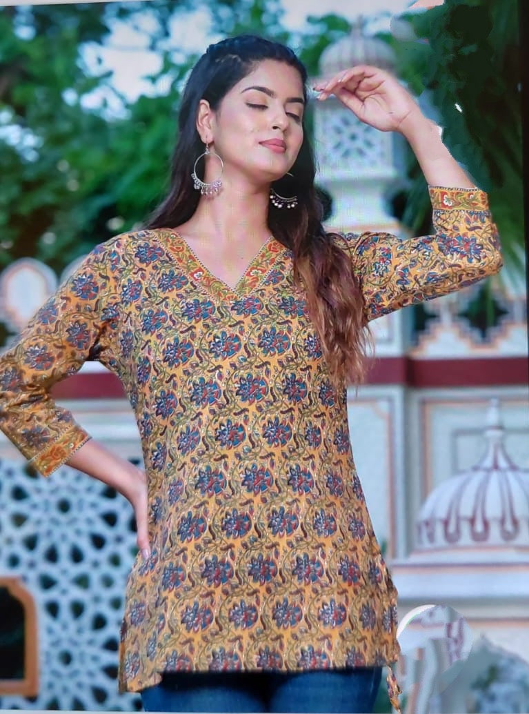Mustard & Purple Floral Jaal Cotton Short Top – Radhya