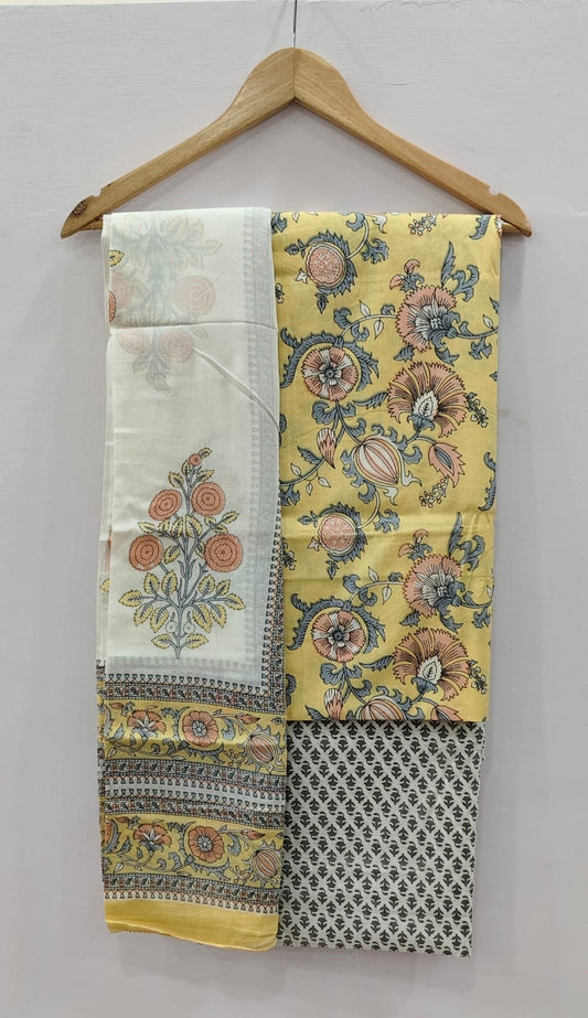Yellow Floral Print with Grey Bottom Unstitched Cotton Suit with Mulmul Dupatta – Radhya