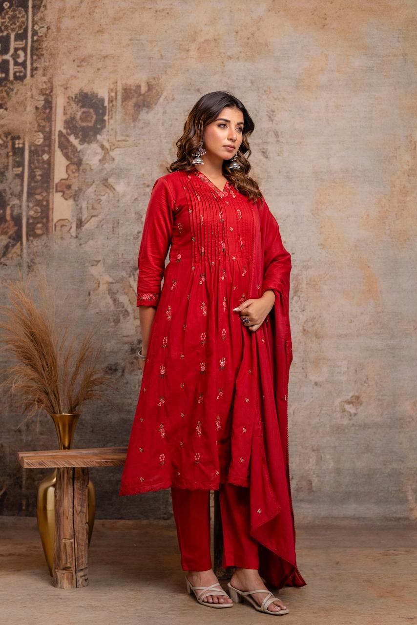 Red Embroidered Mul Cotton Kurta Set with Dupatta