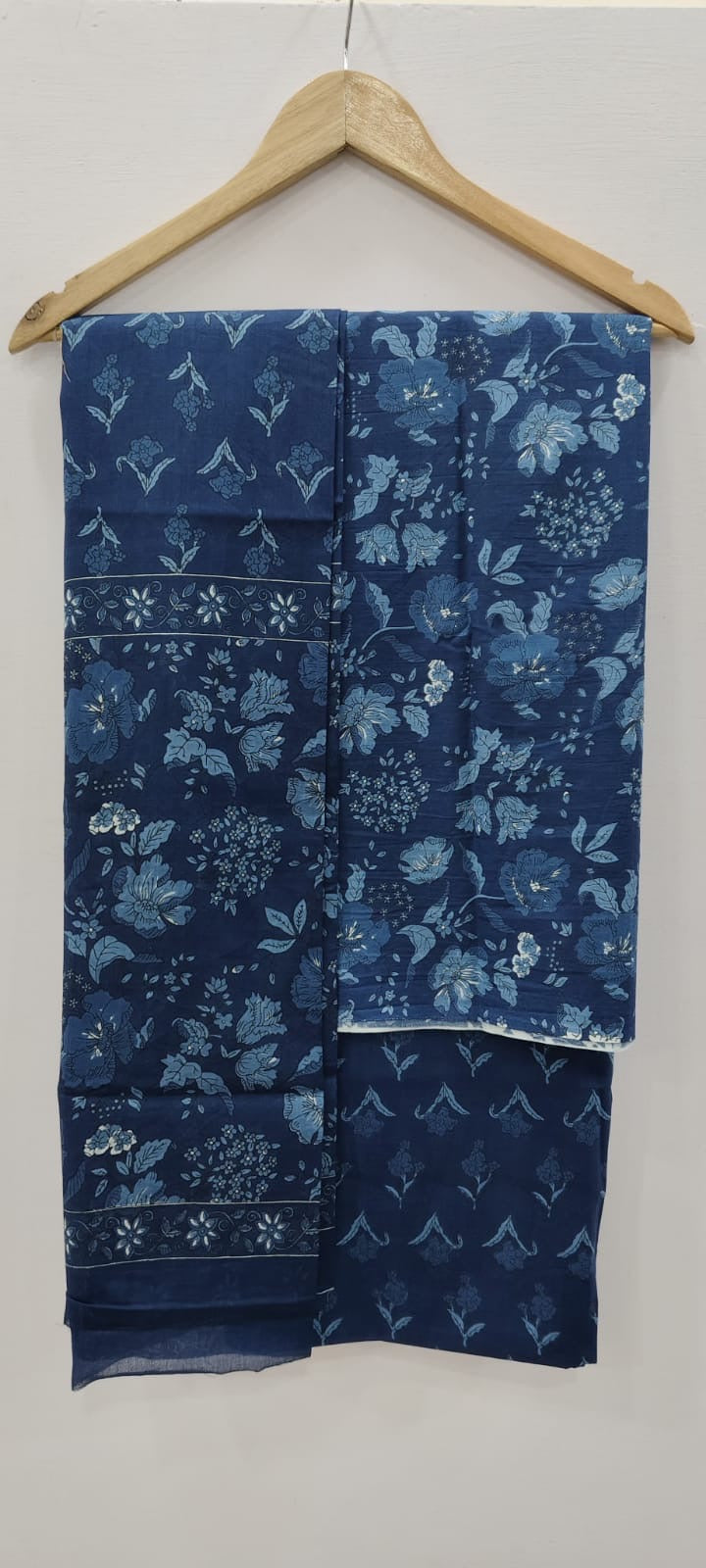 Indigo Floral Print Unstitched Cotton Suit with Mulmul Dupatta – Radhya