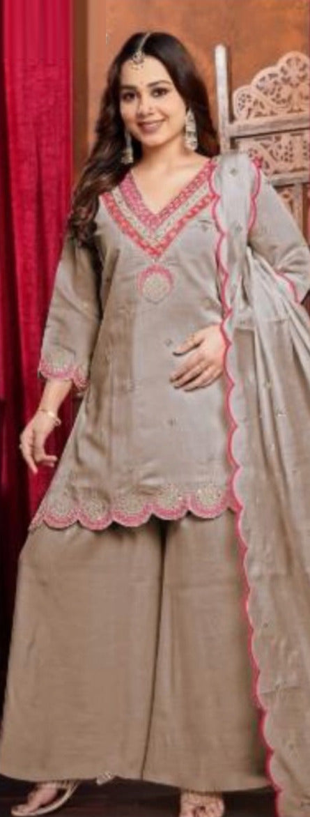 Grey and pink embroidered Roman silk sharara suit set with dupatta, full view