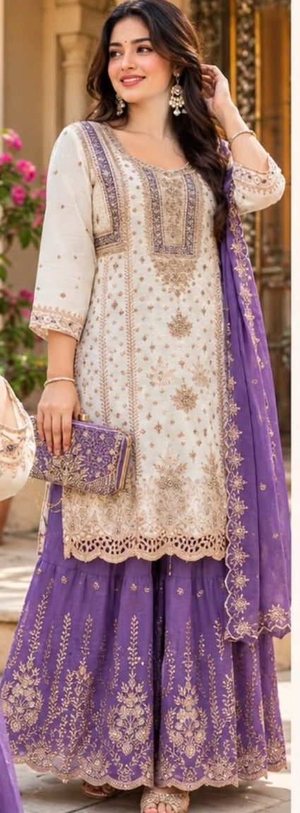 Ivory and purple embroidered sharara set with dupatta and potli purse