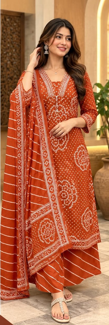 Rust orange bandhani print kurta palazzo set with striped dupatta