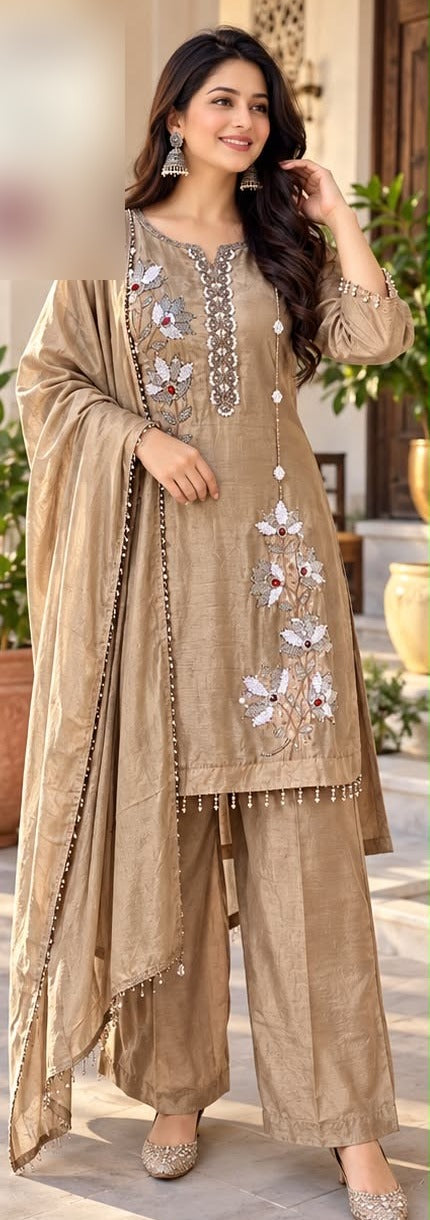 Beige crush chinon kurta pant set with embroidered dupatta
