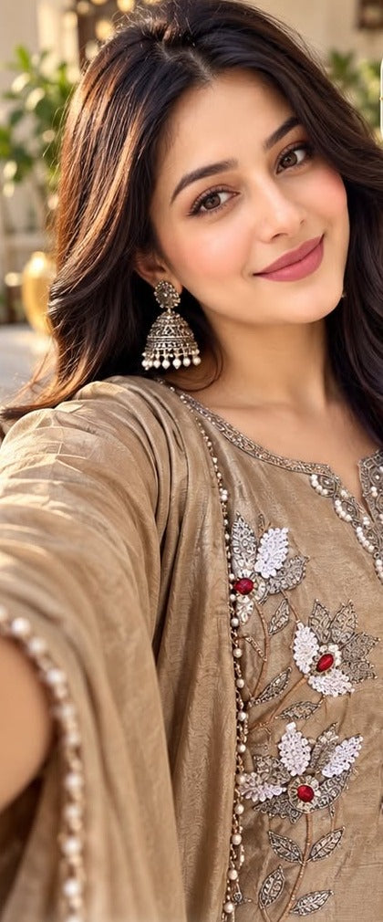 Close-up of beige kurti with bead work neck and floral embroidery