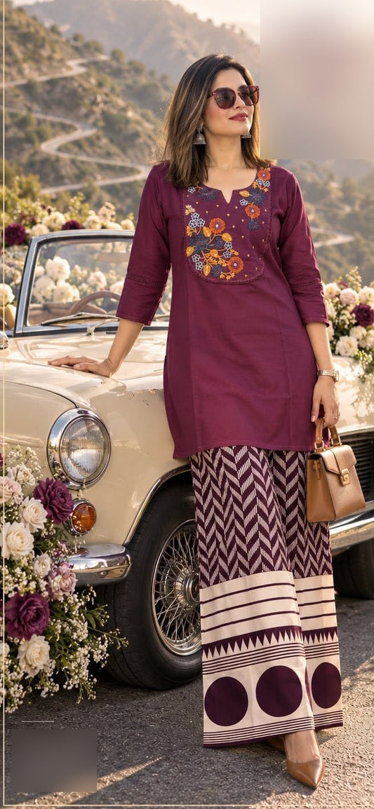 Wine kurti with colourful embroidery and printed palazzo