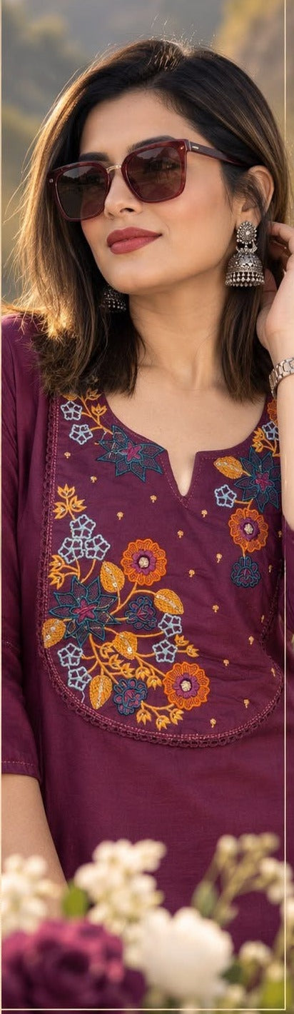 Close-up of floral embroidered yoke on wine kurti