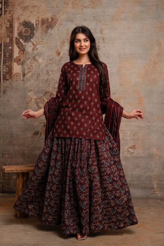 Maroon printed kurta with flared floral skirt and dupatta