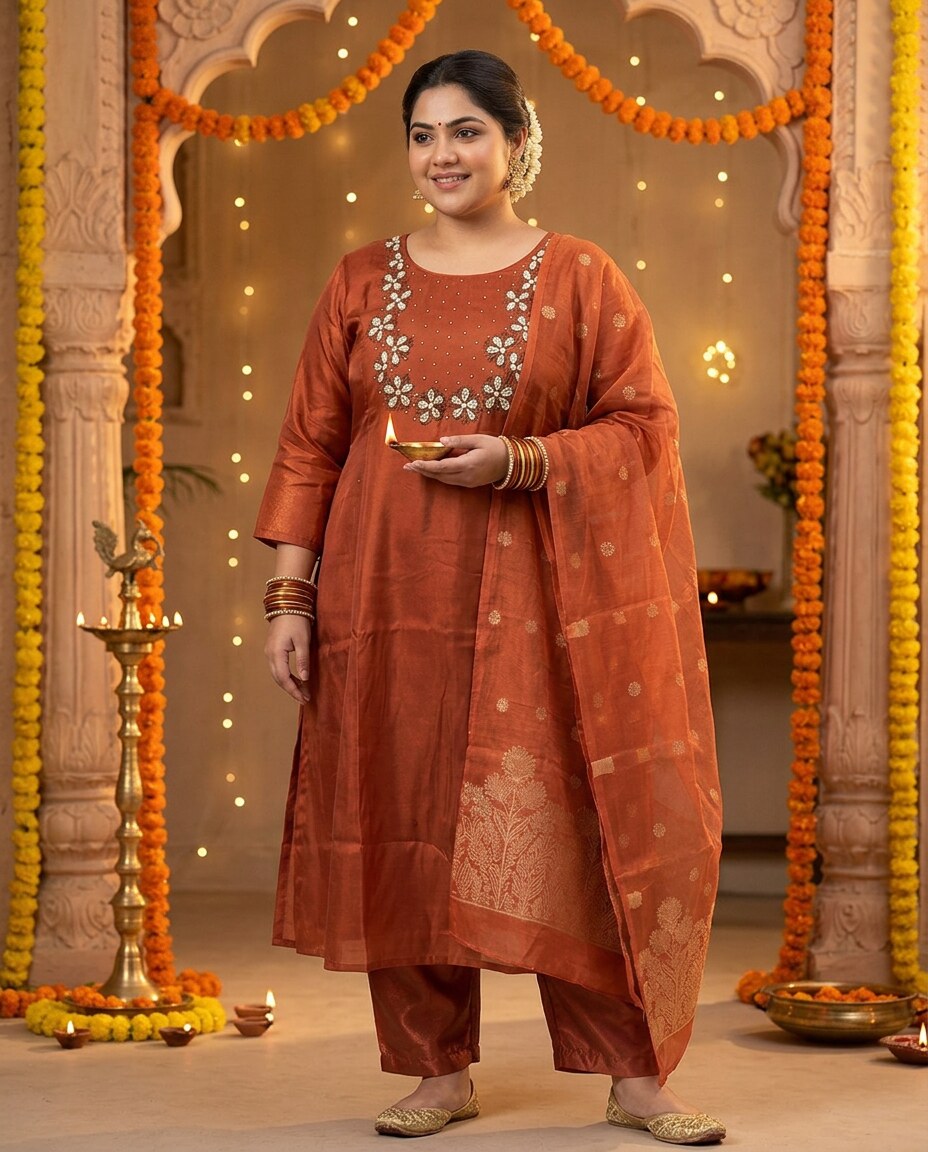 Rust plus size suit set styled for Diwali