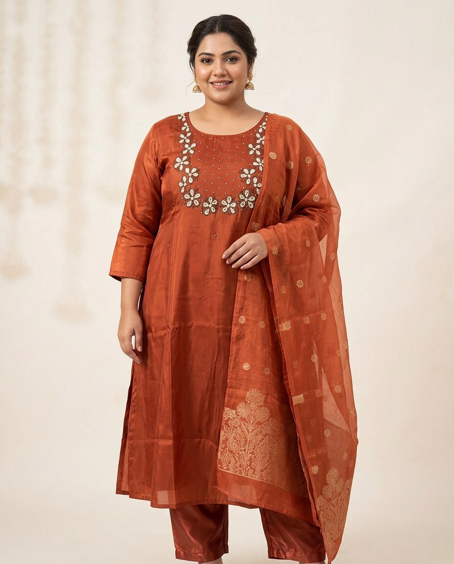 Rust embroidered plus size kurta pant dupatta set, front view