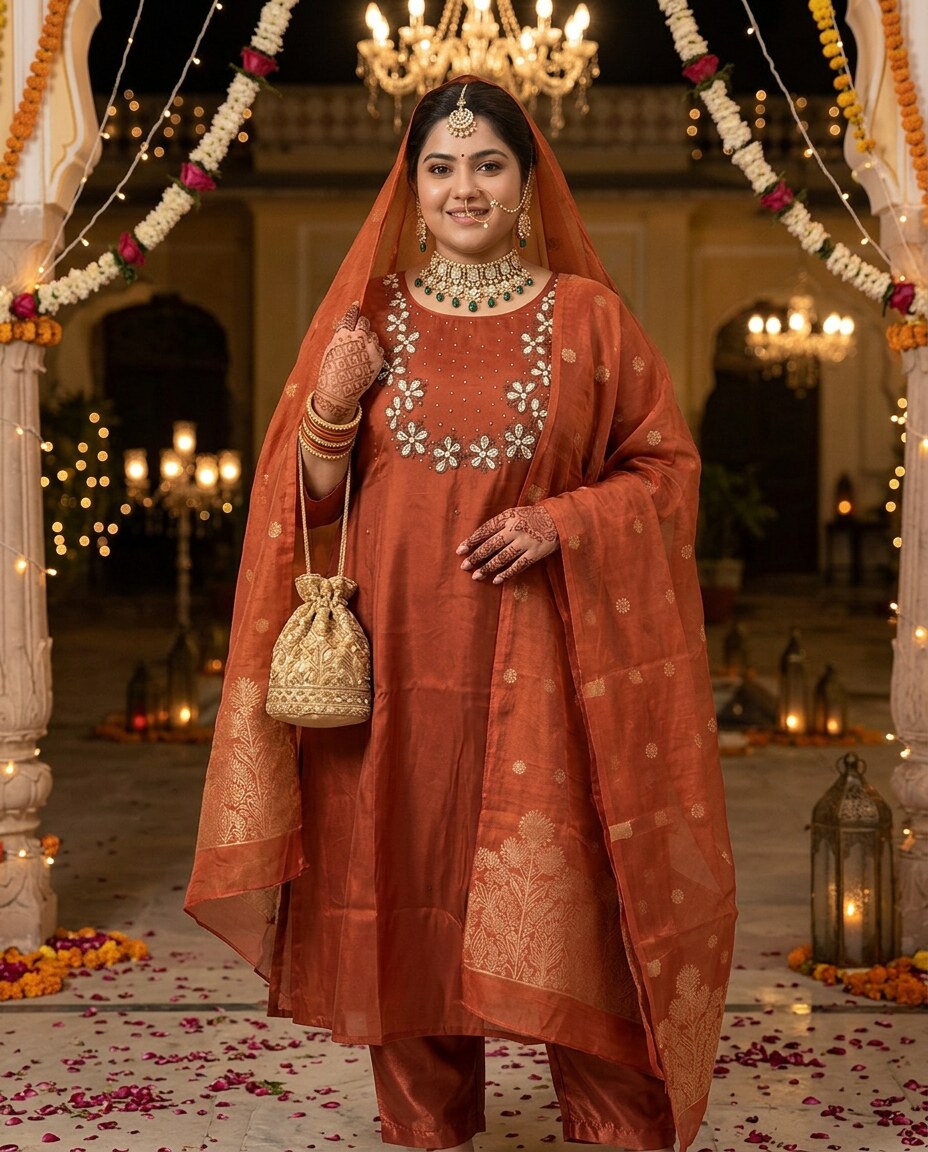 Rust plus size suit set styled as a wedding guest look