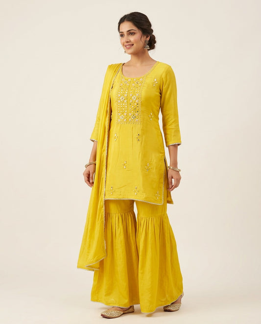 Haldi yellow mirror work sharara suit set with dupatta, front view