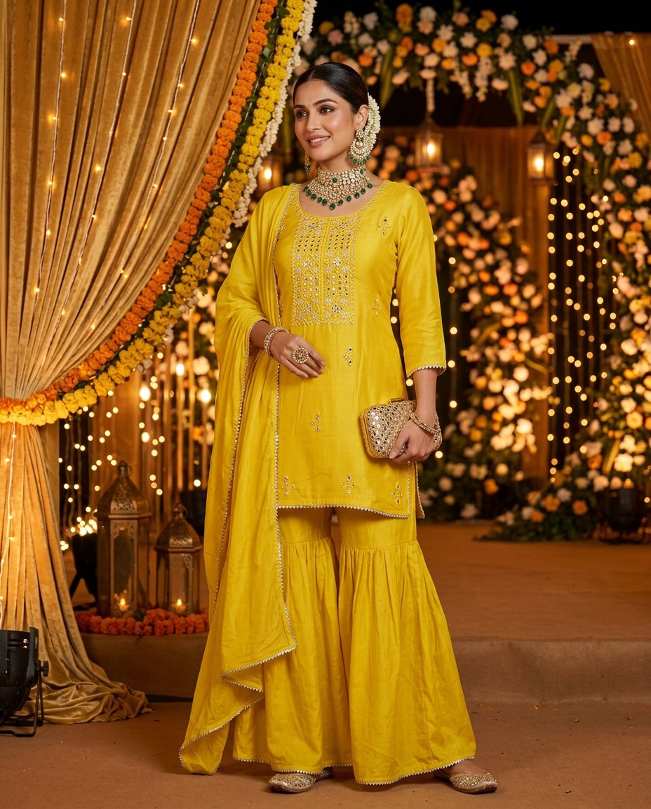 Yellow sharara set styled for a festive evening