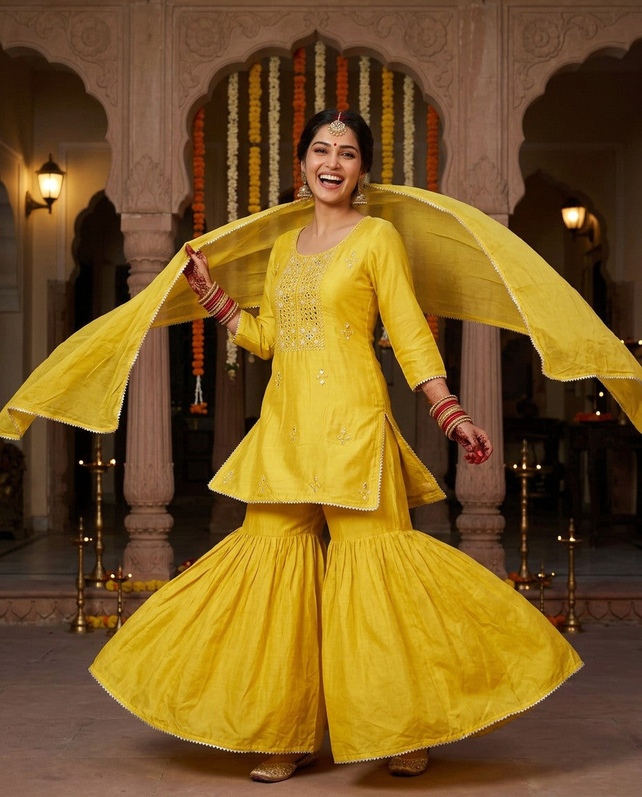 Flared yellow sharara in motion with dupatta