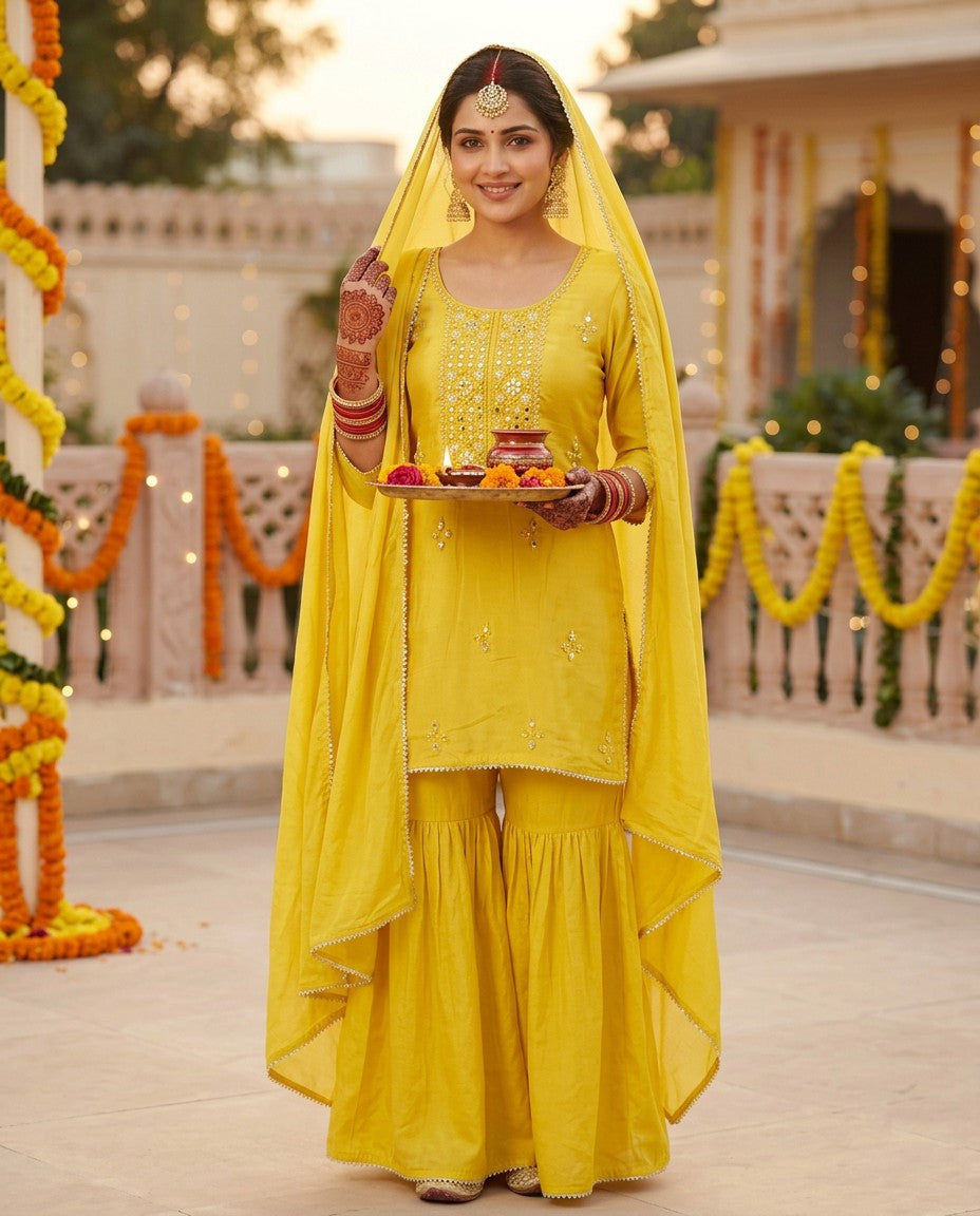 Yellow sharara suit styled for Karwa Chauth puja