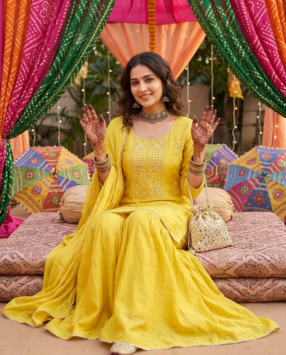 Yellow sharara set at a mehendi function
