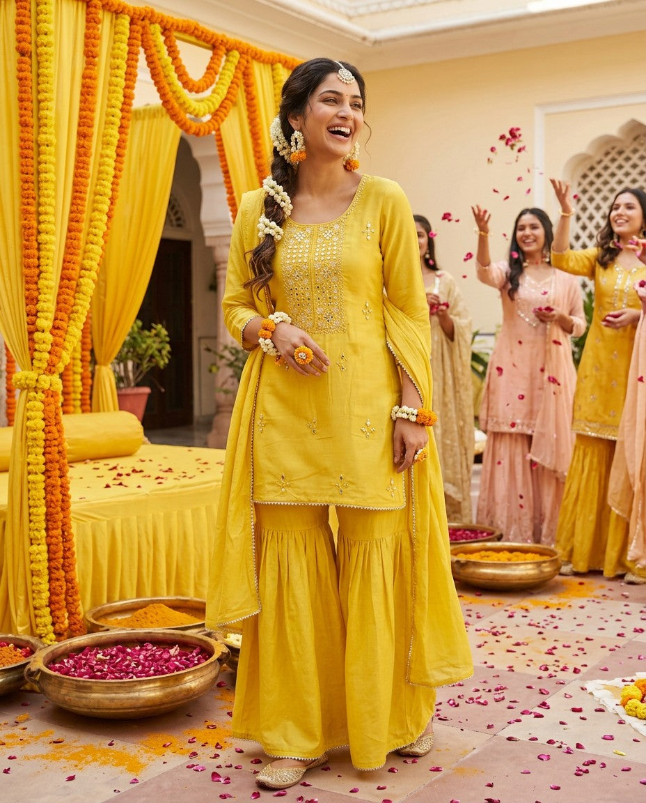 Yellow sharara suit set at a haldi ceremony