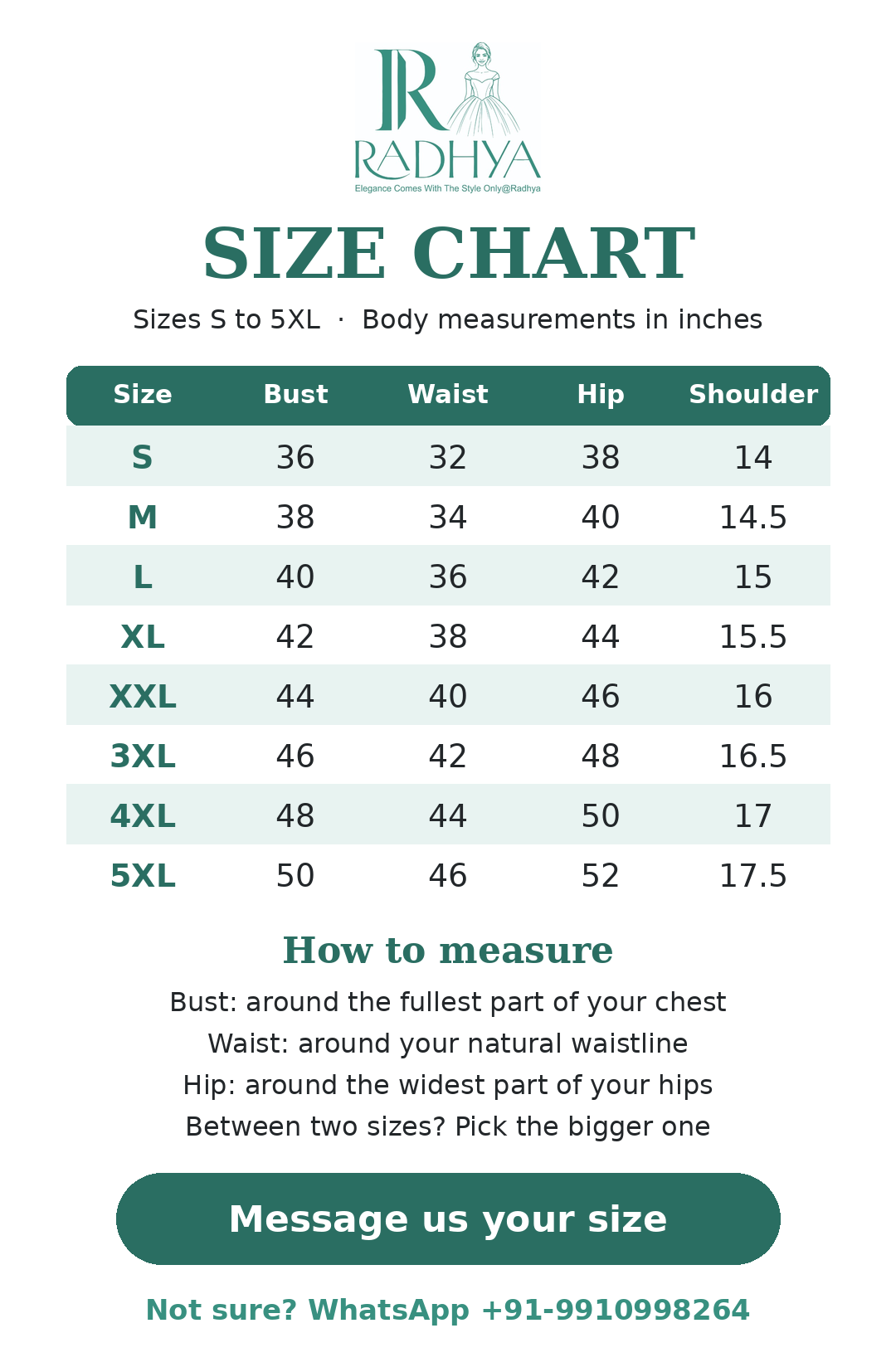 Radhya size chart: sizes S to 5XL with bust, waist, hip and shoulder measurements in inches